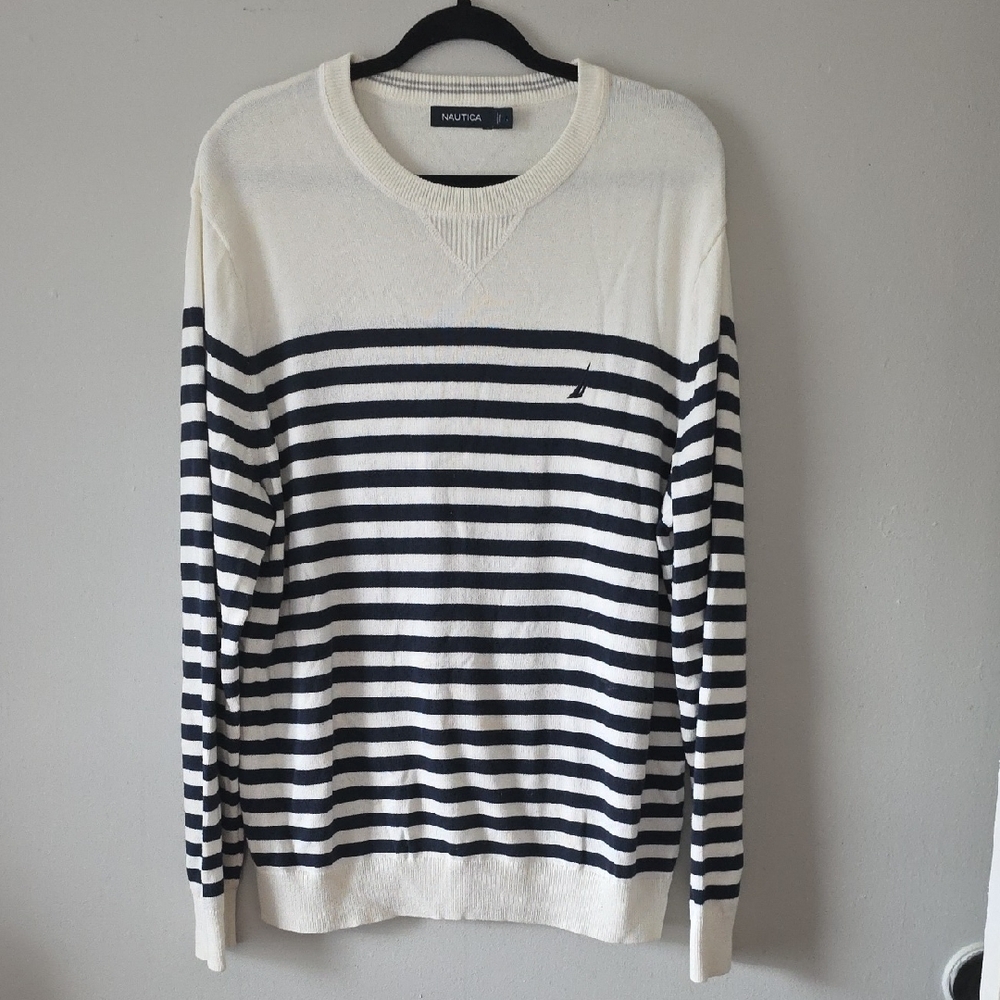 Nautica Unisex Striped Light Sweater Cream and Black Unisex Coastal Nautical  L